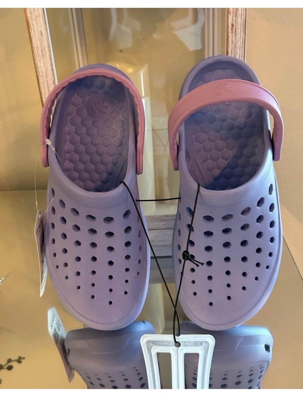 Kids' Lightweight Lavender Slip-On Sandals with Pink Heel Strap.